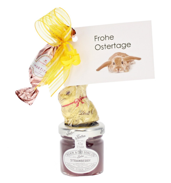Marmelade mit Lindt Goldhäschen, Praliné-Ei und Grußkärtchen