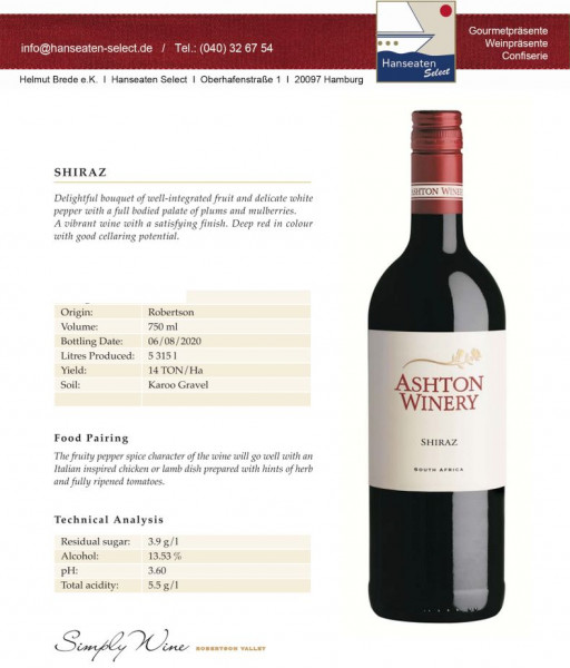 Ashton Winery SHIRAZ - Südafrika - Robertson