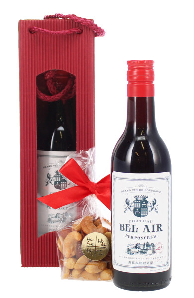 Kleine Geschenktüte Rotwein Bel Air mit Knabbernüssen