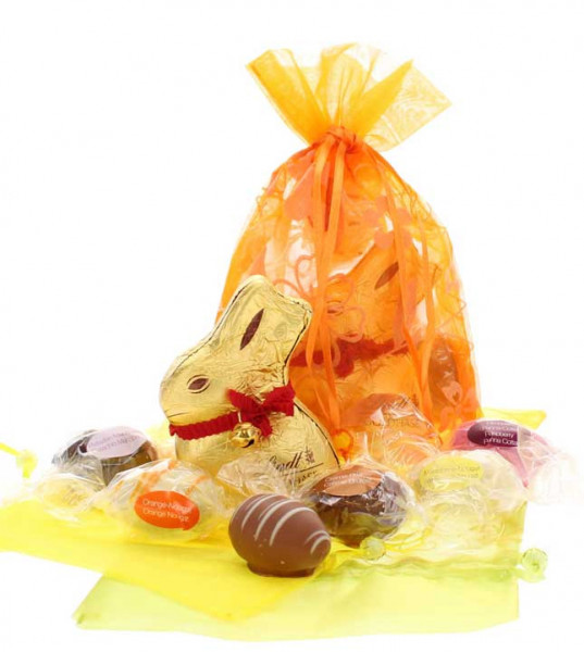 Ostersäckchen Organza mit Trüffeleiern und Goldhase