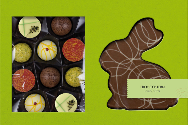 Ostergeschenkset - Hase &amp; 10er Praliné-Sélection ohne Alkohol